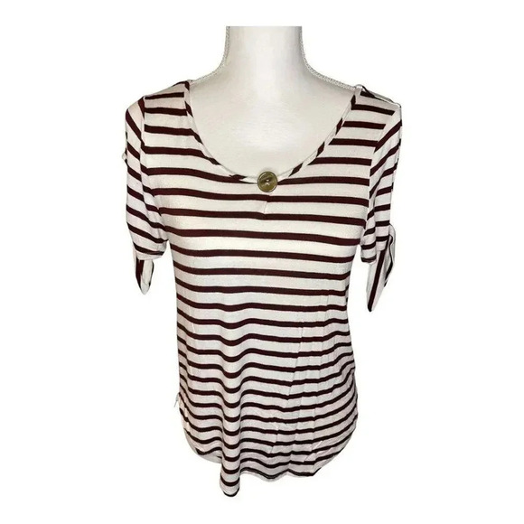 Green Envelope Women’s XS Brown & White Striped Tie Short Sleeved Blouse - Picture 1 of 7